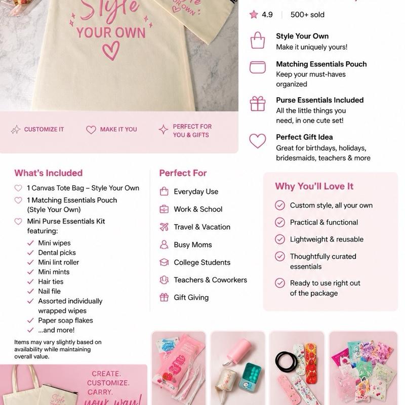 Customizable Canvas Tote Bag Bundle, Including Matching Essentials Pouch & Mini Purse Kit